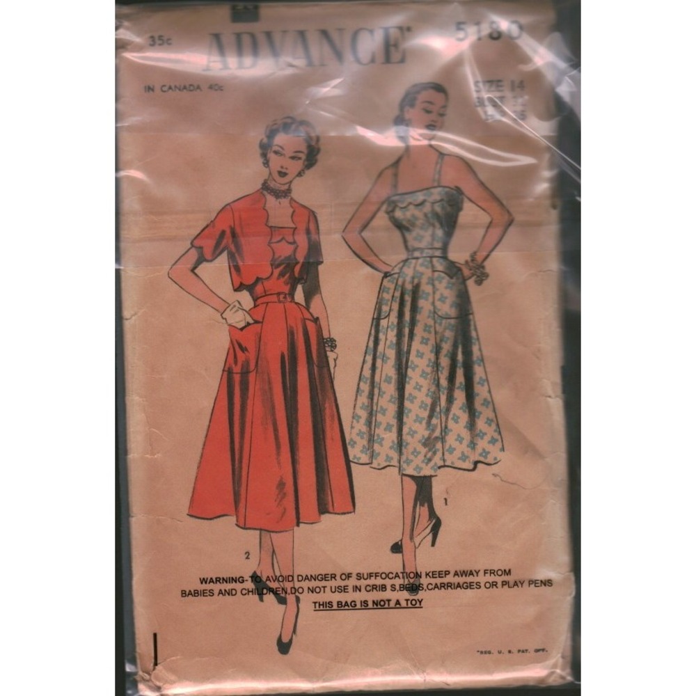 Vintage Advance 5180 Sewing Pattern Sun Dress Scalloped Bolero Jacket Size 14